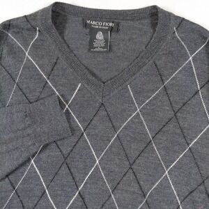 Marco Fiori Mens Large Charcoal Grey Argyle V Neck Merino Wool Sweater